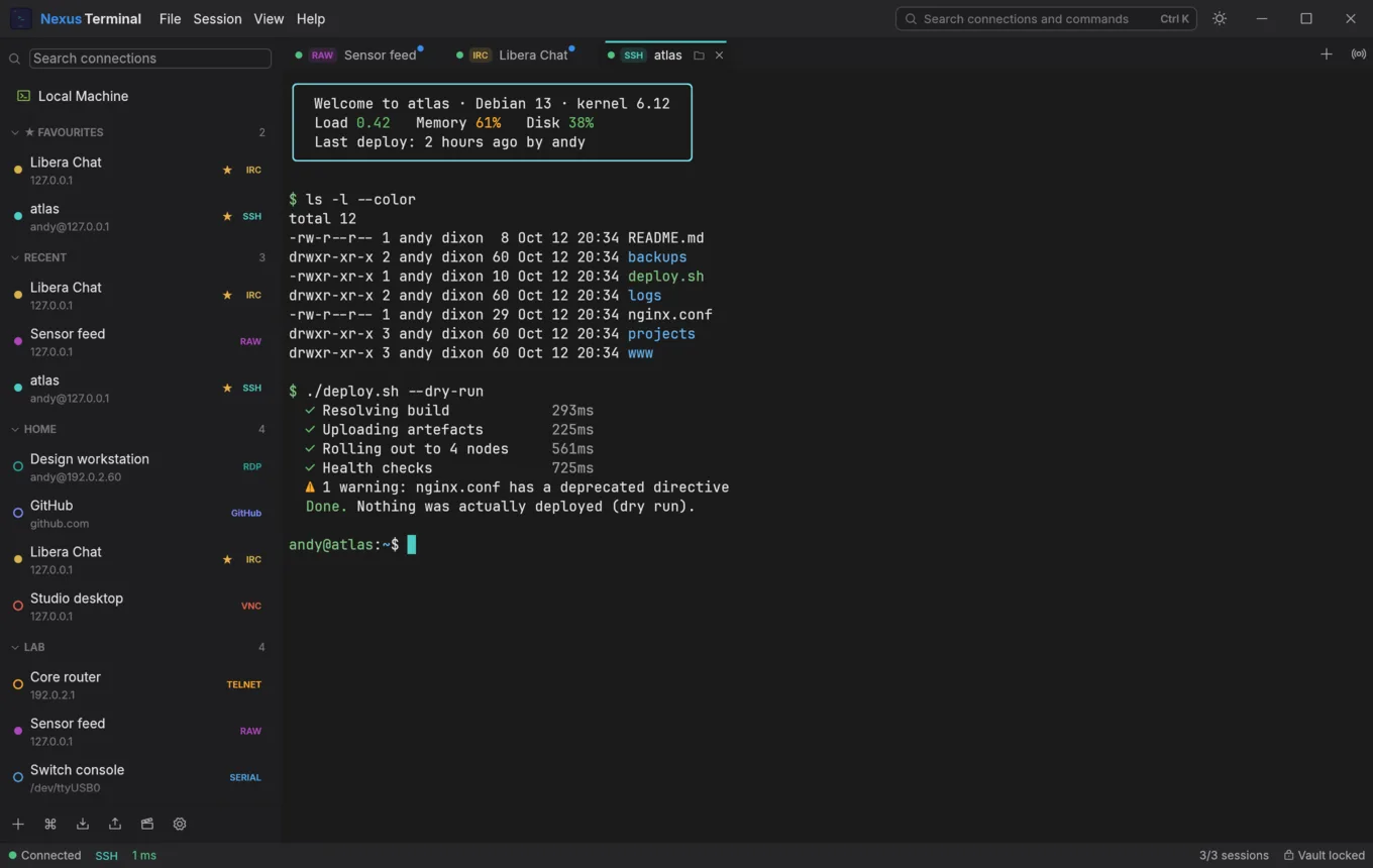 Nexus Terminal: an SSH session in a tab, with saved connections grouped in the sidebar